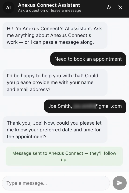 The AI assistant on a smart profile answering a visitor who wants to book an appointment, taking their name and email, then confirming the message was passed on.