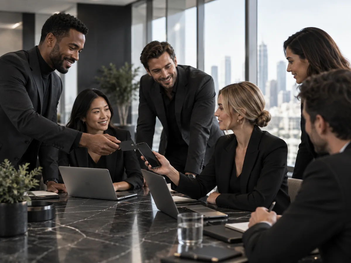 A team around a boardroom table sharing an Anexus Connect NFC business card with a colleague’s phone