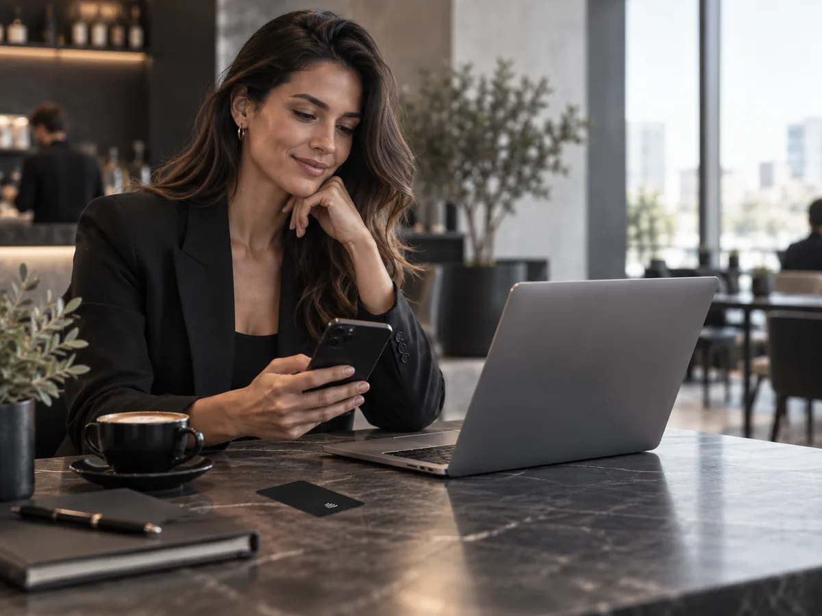 An entrepreneur reviews the leads from her Anexus Connect profile on her phone, her NFC card on the table beside her laptop