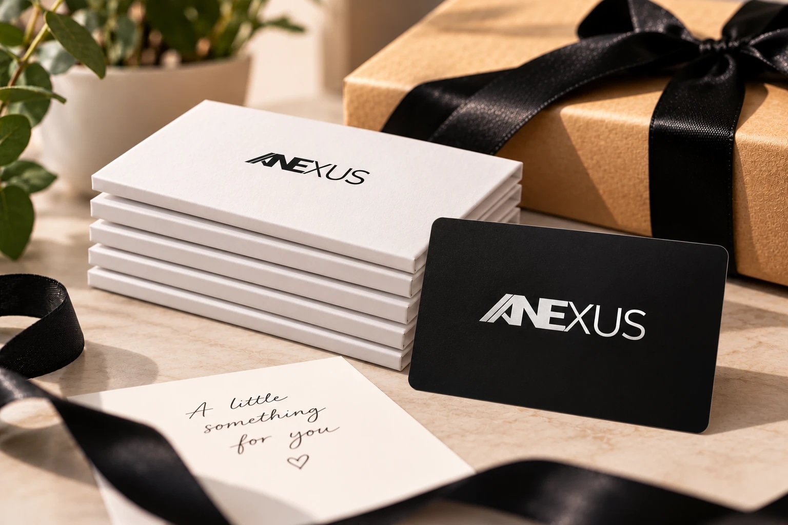 Five boxed Anexus cards stacked beside a black metal Anexus NFC card, a ribboned gift box and a handwritten note