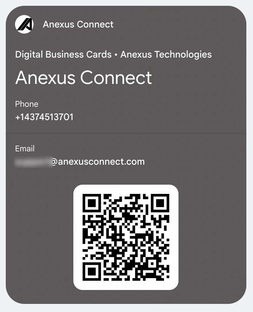 Un pase de Anexus Connect en Google Wallet que muestra el nombre de la empresa, el teléfono, el correo y un código QR