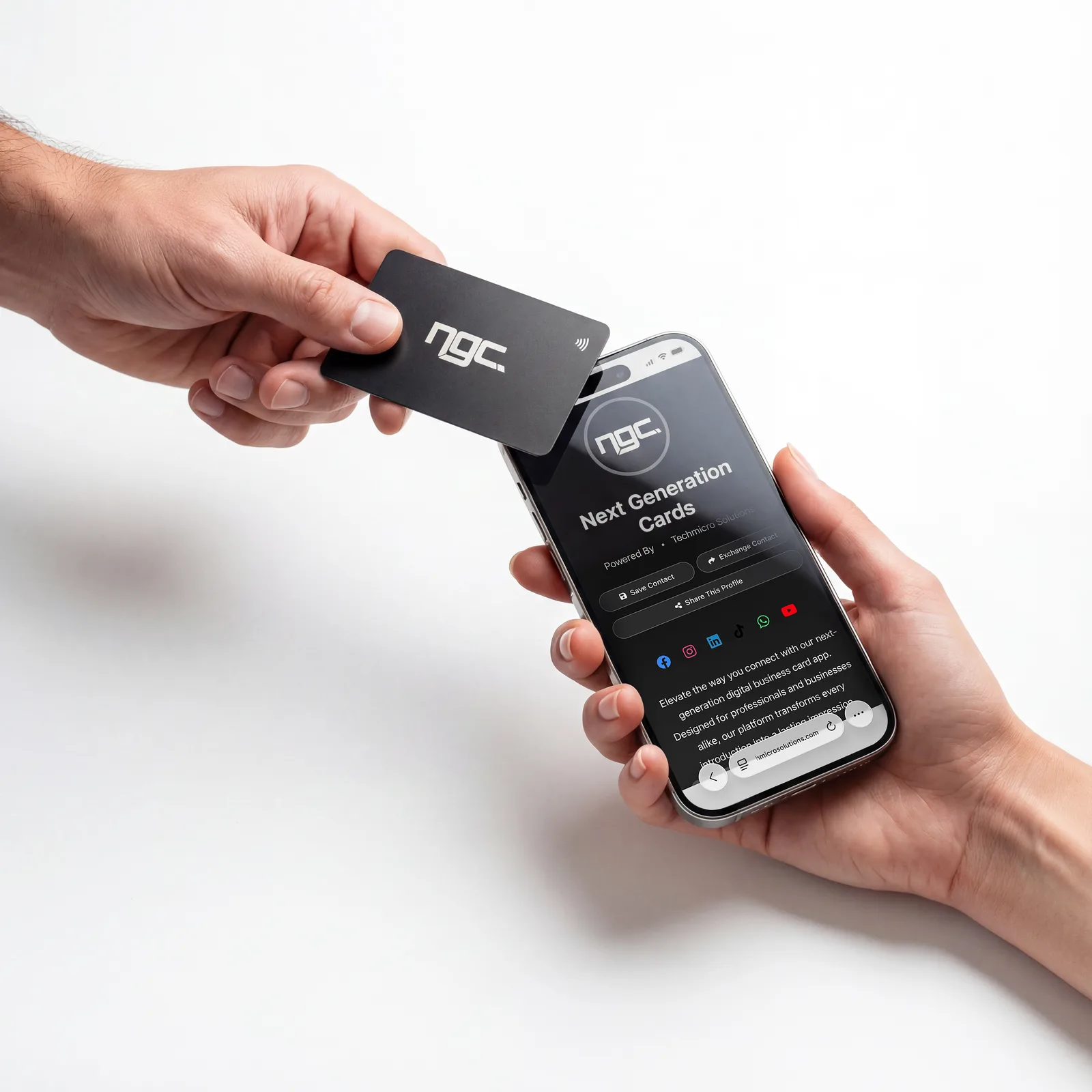 Two professionals exchanging contact info by tapping NFC business cards