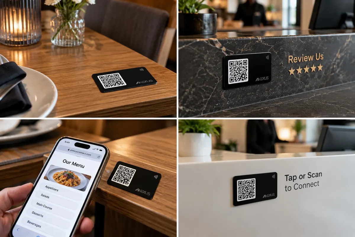 Four placements of the Anexus Phone Tap card: on a restaurant table, on a marble counter beside a Review Us sign, beside a phone showing a menu, and on a reception desk marked Tap or Scan to Connect