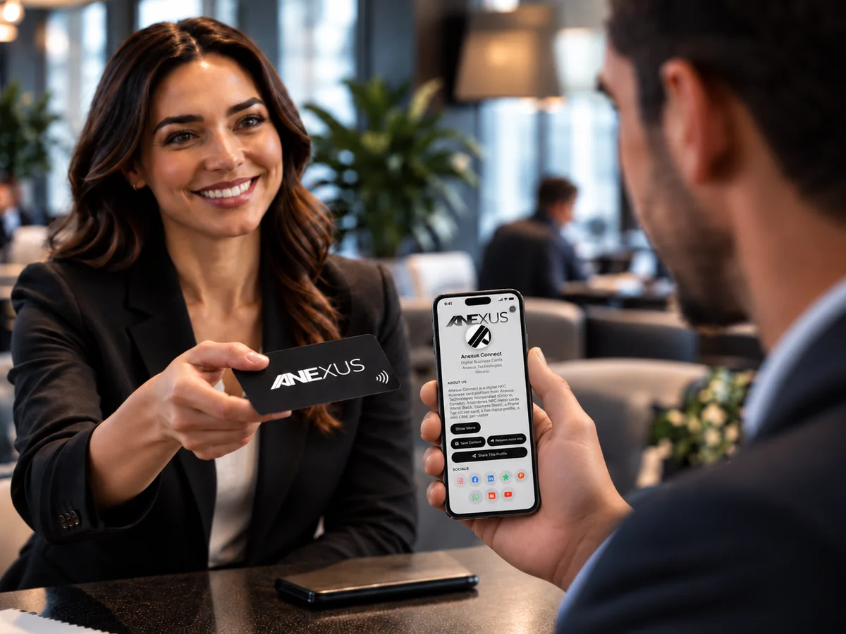 A saleswoman hands an Anexus Connect metal NFC business card to a client whose phone already shows her digital profile